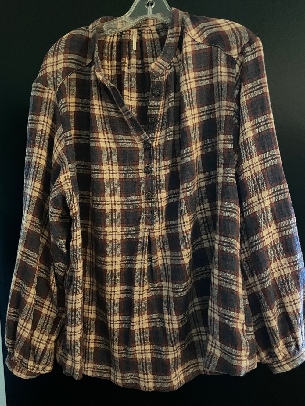 Free People Plaid Button Henley Blouse in Navy, Cream, Rust